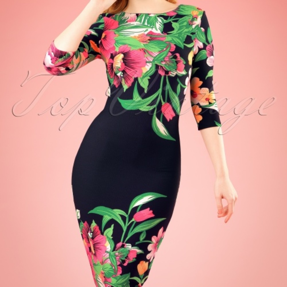 Vintage Chic Tropical Garden Floral Pencil Dress